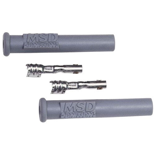 MSD - Replacement Boots and Terminals Silicone, Grey Straight Spark Plug Boots, Multi-Angle Terminals, 2 per Card - MSD3301