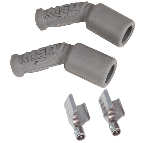 MSD - Replacement Boots and Terminals LS1, Silicone, Grey 45° Spark Plug Boots with Terminals, 2 per Card - MSD3304