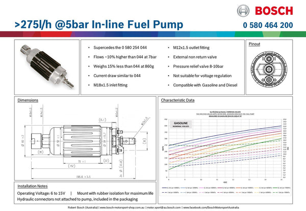 Bosch - 200 In-Line Fuel Pump 275lph @ 5 Bar 0 580 464 200 "New 044"