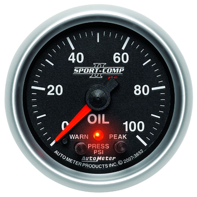 Auto Meter - Sport-Comp II Oil Pressure Gauge 2-1/16", Full Sweep Electric, Peak Memory & Warning, 0-100 psi