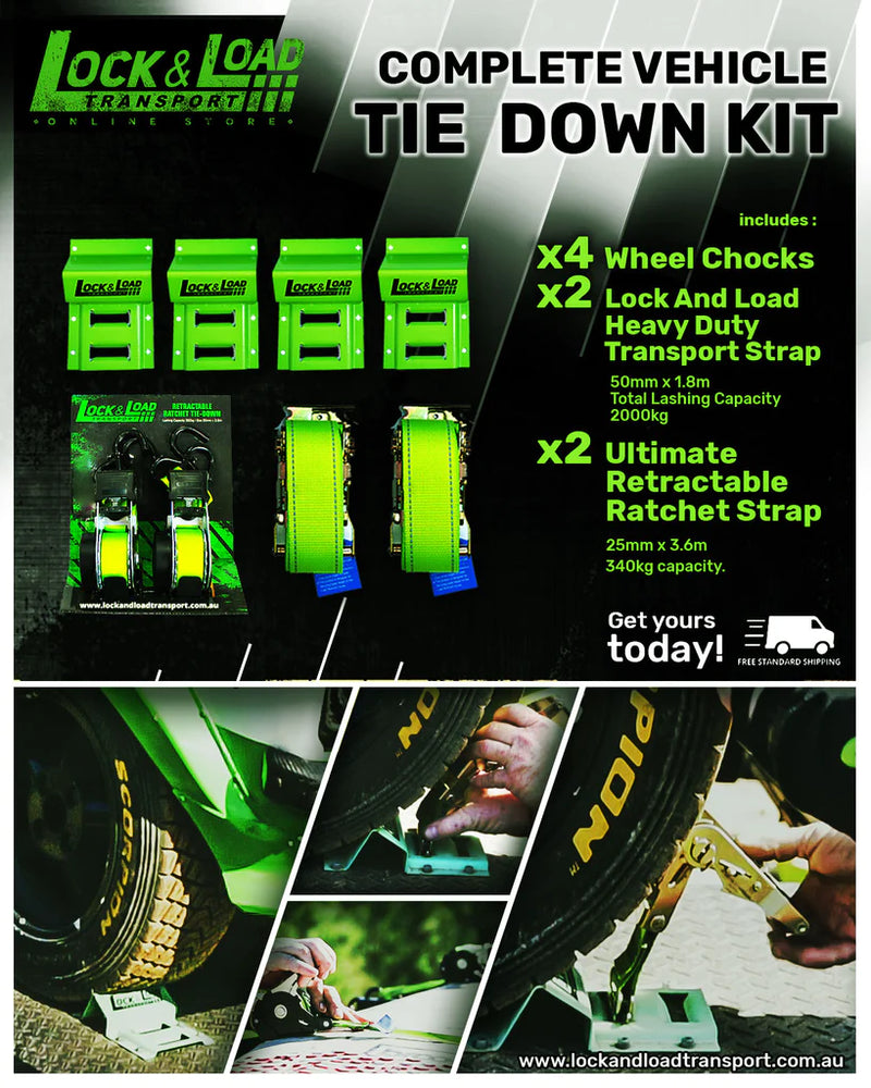 Lock and Load Transport - Wheel Chock Kit With 1.8m Straps & 25mm Retractable Ratchet - RW15